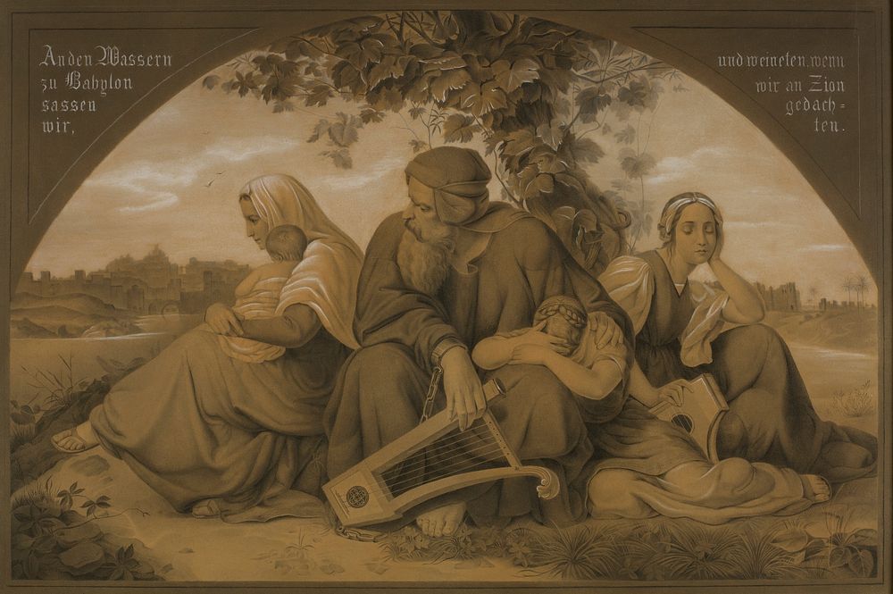 Three women, an older man and a baby all sitting on the ground together; the woman to the right is leaning against a tree;…