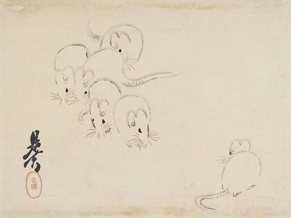 Cluster of five white mice in ULQ, one mouse URC. Original from the Minneapolis Institute of Art.
