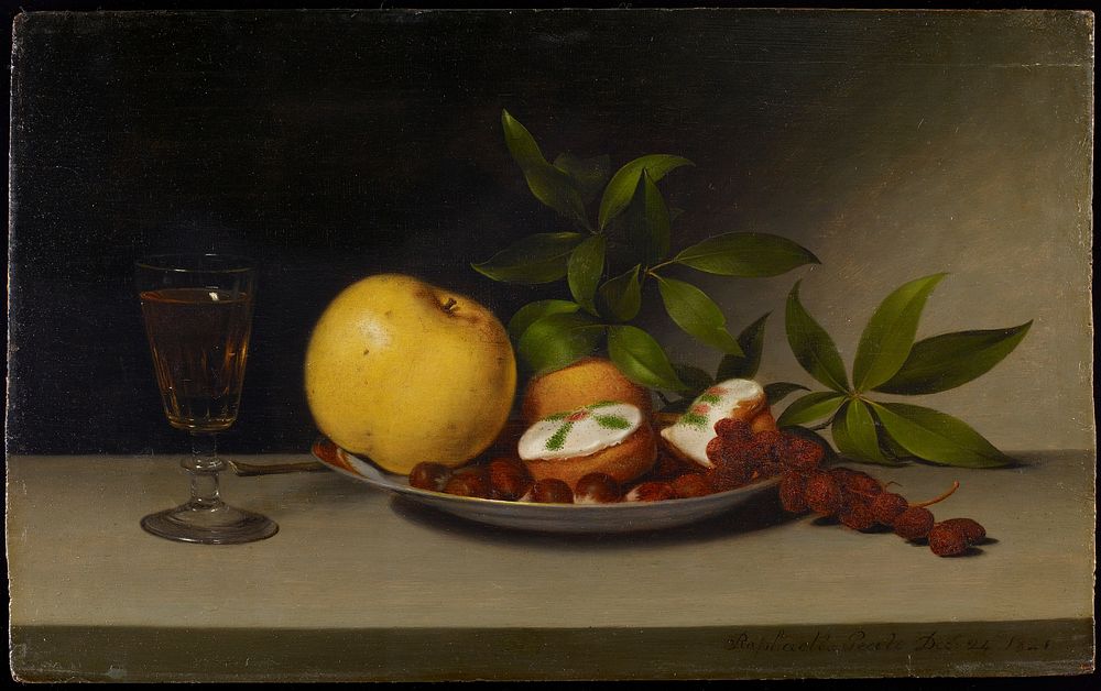 still life with plate with yellow apple, two frosted cakes, brown berries and an orange fruit, with leaves behind plate;…