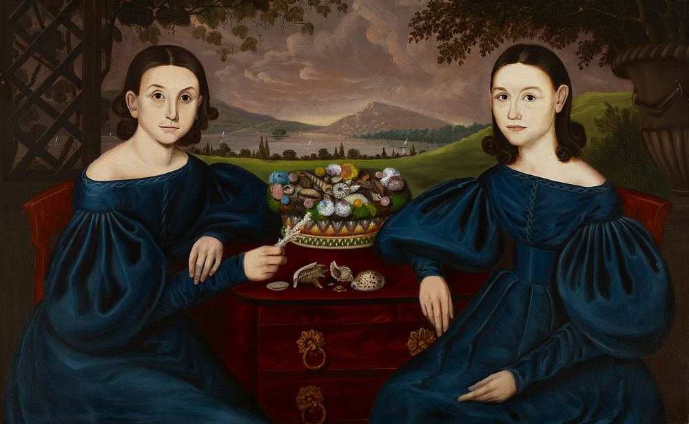 two seated women in foreground looking forward; both have dark brown hair parted at the center and ringlets; both are…
