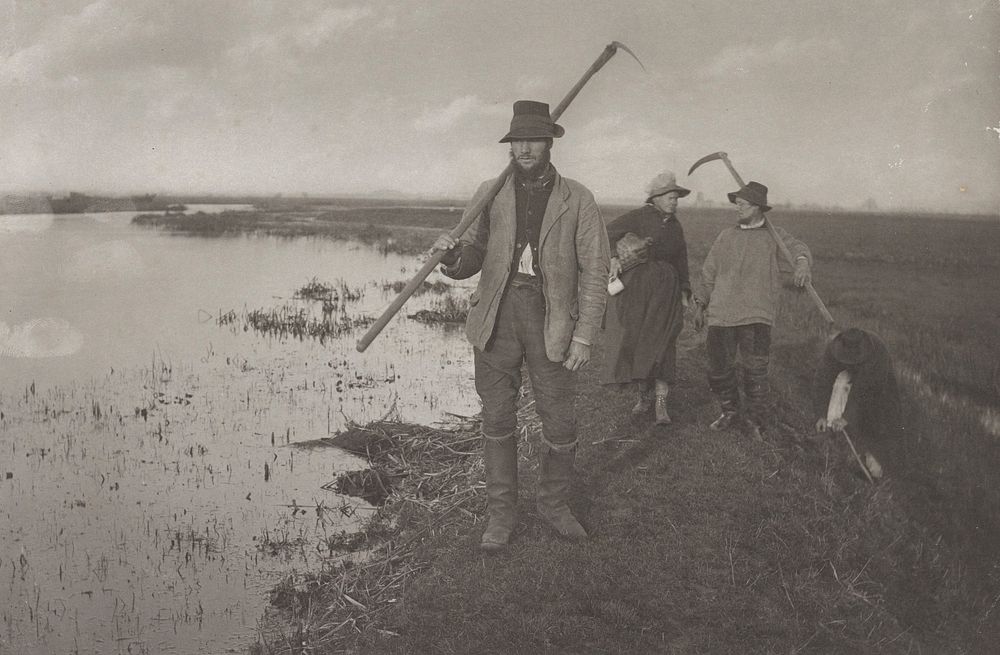standing man on the bank of a marsh, wearing a hat, boots and coat, with a sickle; woman with jug and another man with…