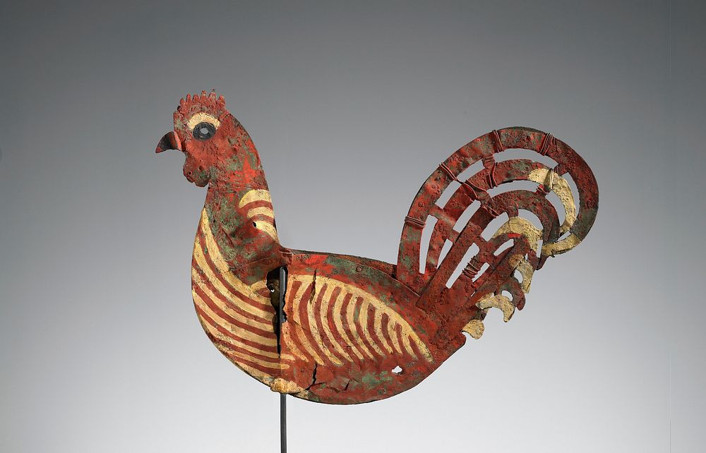 two-sided flat legless rooster; red, yellow and black pigments; openwork tail wired together; central vertical rod extends…