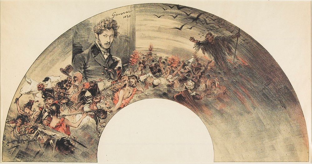 fan print; orange, black and white; portrait of a man with curly hair, UL; revellers, a jester, soldiers at L; cloaked…