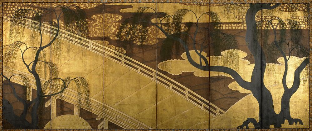 Flat gold bridge at left; stylized brown waves on water; two large weeping willow trees at left and right. Original from the…