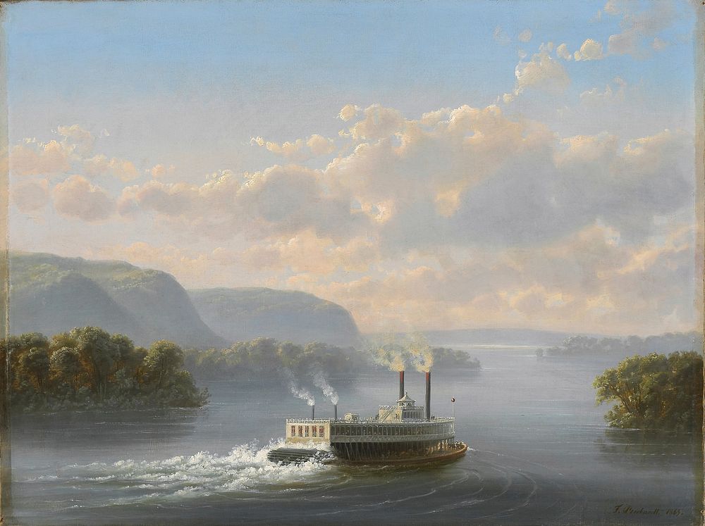 steamwheeler on river front center; bluffs on L bank. Original from the Minneapolis Institute of Art.