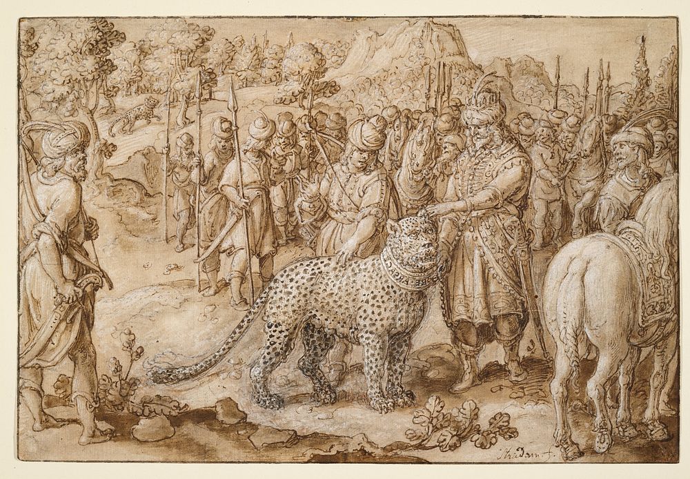 group of figures in landscape with man in front holding spotted panther by collar. Original from the Minneapolis Institute…