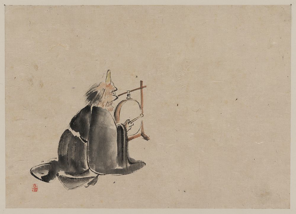 [A monk wearing a mask(?) with a horn, sitting on the ground, beating a drum (tsuri-daiko)]. Original from the Library of…