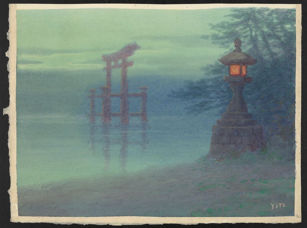 [Stone lantern on shore and a torii in a lake] / Y. Ito.. Original from the Library of Congress.