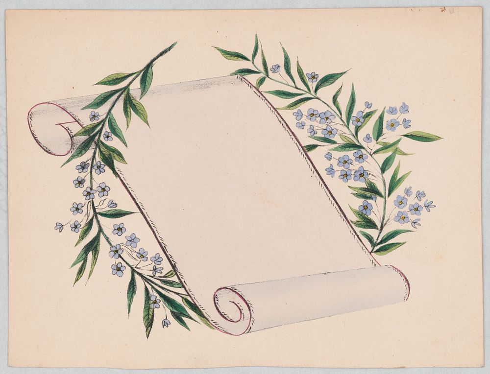 Scroll design with branches and blue flowers (1830)
