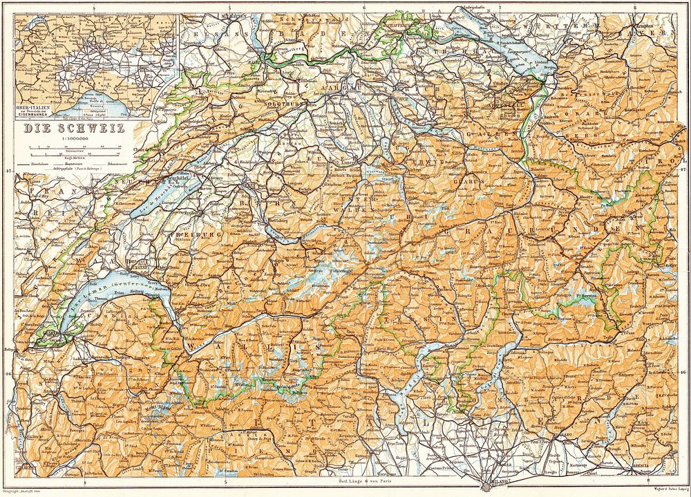 Map of Switzerland, published in a 1913 Baedeker travel guide