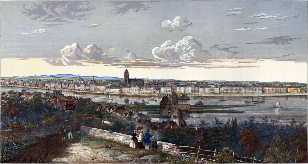 View from Sachsenhaeuser Berg (Mountain of Sachsenhausen) to the north, in the foreground staffage people clothed in late…