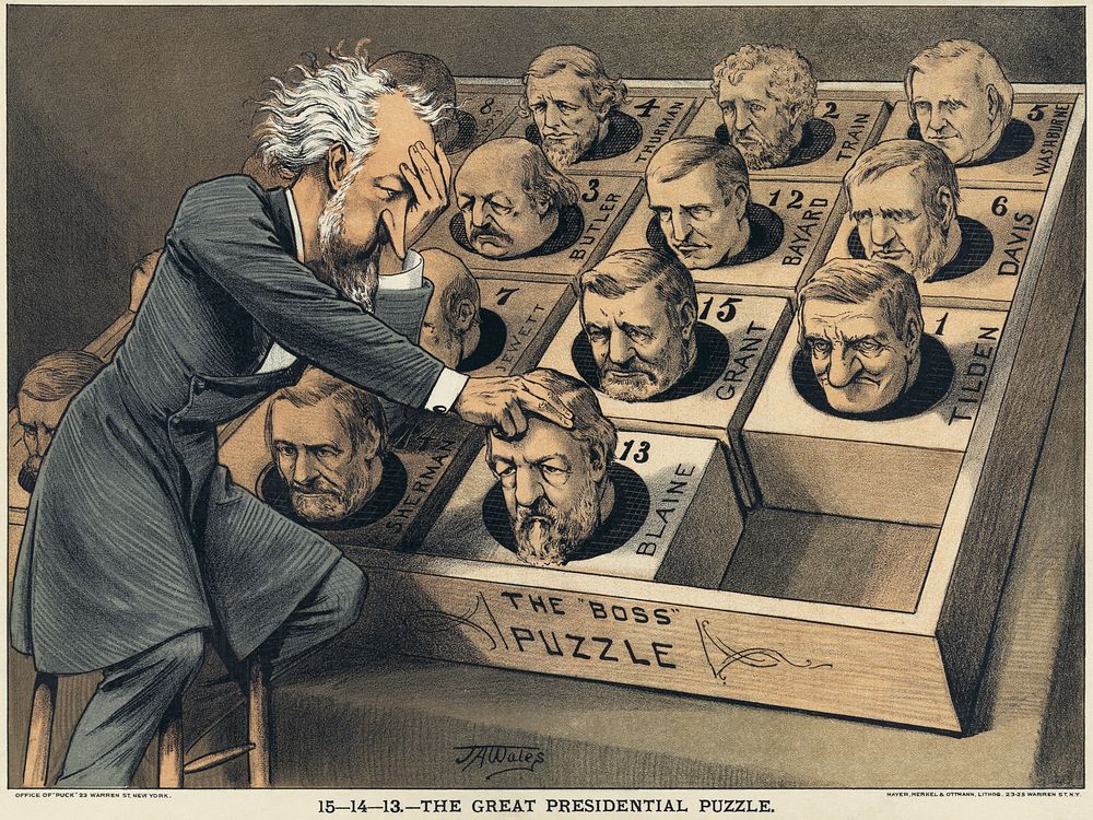 "The Great Presidential Puzzle": "Illustration shows Senator Roscoe Conkling, leader of the Stalwarts group of the…