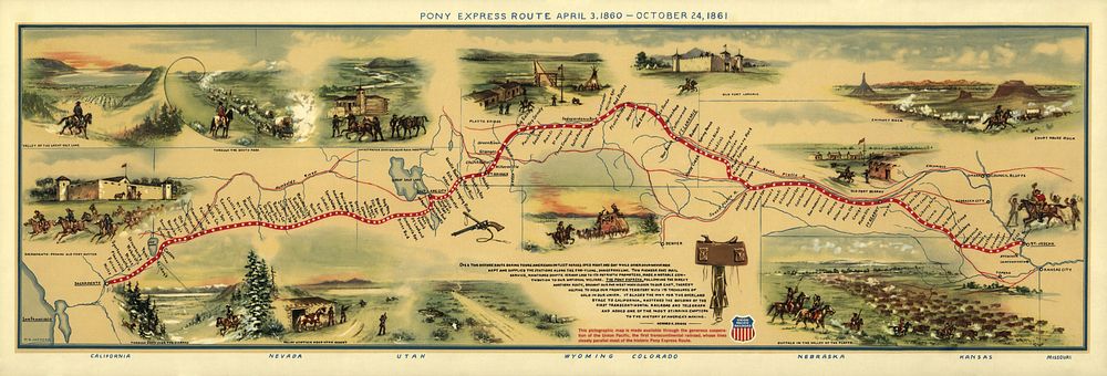 Pony Express map, by William Henry Jackson; likely from The Pony Express Goes Through (1935)Illustration: William Henry…