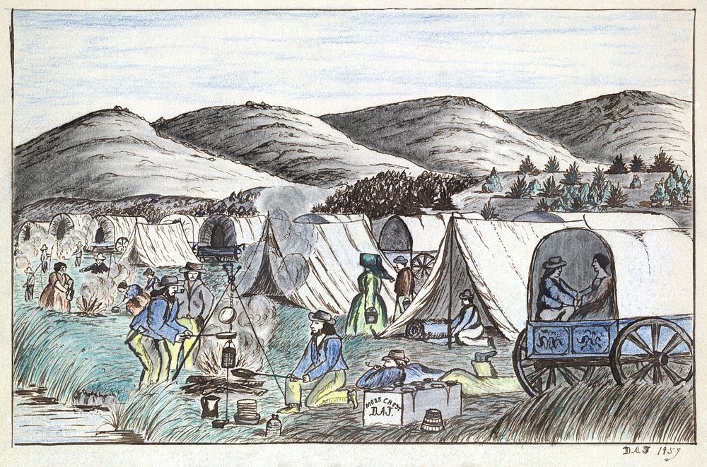 "Drawing shows several tents and covered wagons encamped on the banks of the Humboldt River in western Nevada. Both women…