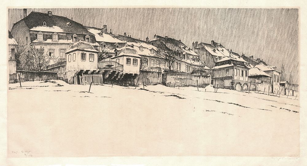 Lithography by Fritz Quant: „Zurlauben im Schnee“ in Trier, size: 230 mm x 450 mm, c. 1920, signed…