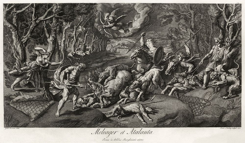 "Meleager et Atalanta", from a drawing by Guilio Romano, engraved by François Louis Lonsing. Atalanta is the woman on the…