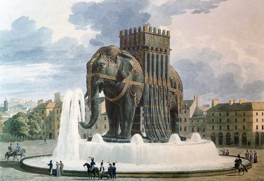 Aquarelle de Jean-Antoine Alavoine (1776-1834) Dernier projet pour la fontaine de l'Éléphant de la Bastille (1809-1810) -…