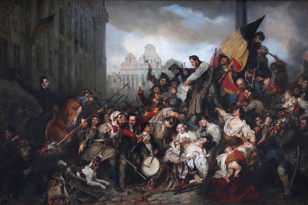 Men and women form a mound around a post in the streets of a city on the right of this painting. A tattered tricolour flag…
