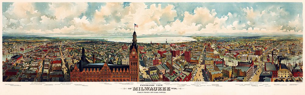 Panoramic view of Milwaukee, Wisconsin with prominent streets and buildings identified.