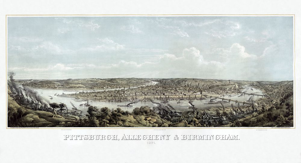 Bird's-eye view of Pittsburgh, Pennsylvania, at the confluence of the Monongahela, in the foreground, and the Allegheny…