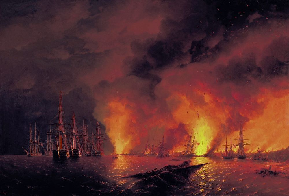 I. K. Aivazovsky’s The Battle of Sinop on 18 November 1853 (Night after Battle). 1853. Oil on canvas. 220 × 331 cm. Central…