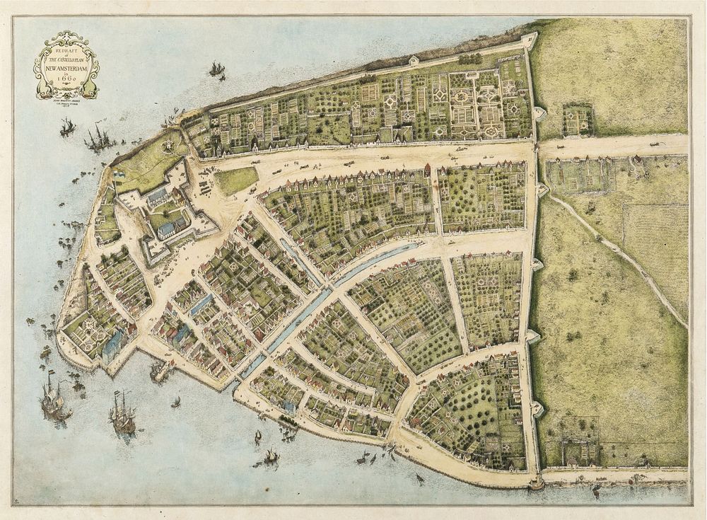 Redraft of the Castello Plan New Amsterdam in 1660. North is to the right.31 x 40 cm Medium: printed map, color wash on paper