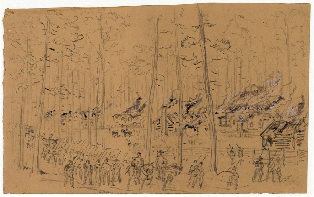 "Sherman's march through South Carolina - Burning of McPhersonville". 1 drawing on tan paper : pencil, Chinese white, and…