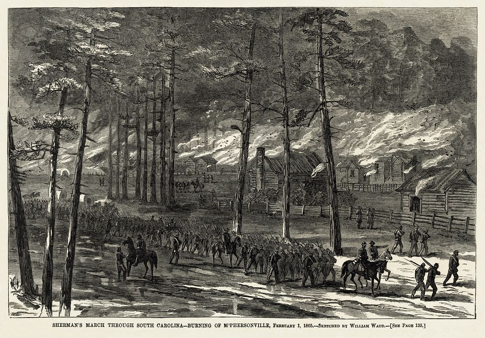 Sherman's March Through South Carolina – Burning of McPhersonville, February 1, 1865. Published in: Harper's Weekly, March…