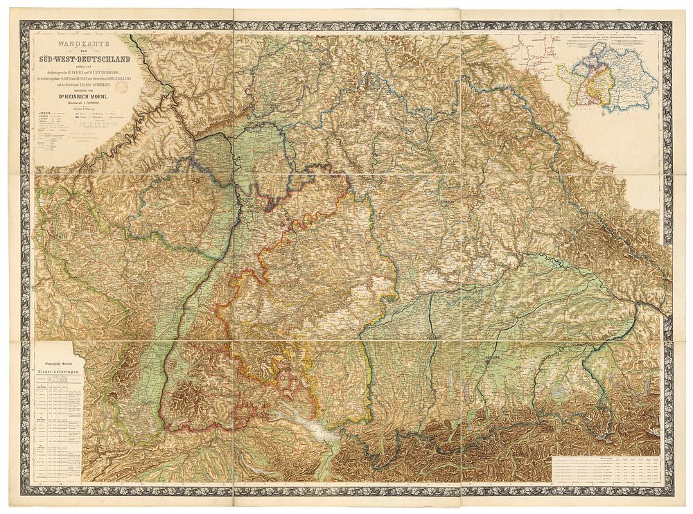 Wall map of Southwestern Germany, which includes the Kingdom of Bavaria, Kingdom of Württemberg, the Grand Duchies of Baden…