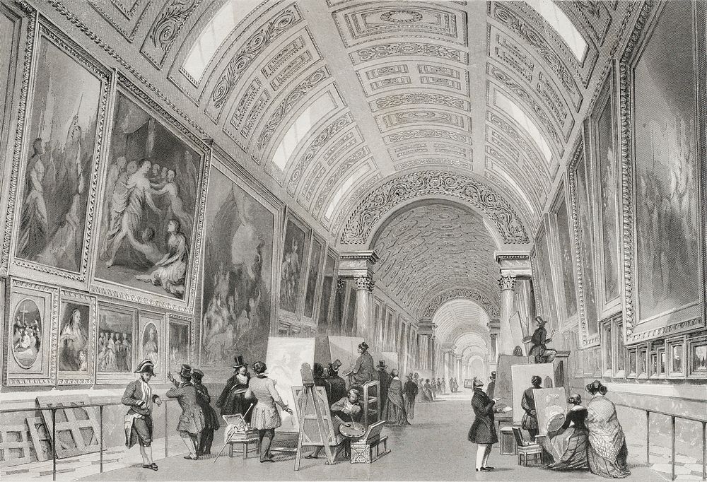 Interior view of the Great Gallery at the Louvre with tourists and painters. Published by Fisher, Son & Co., London and…