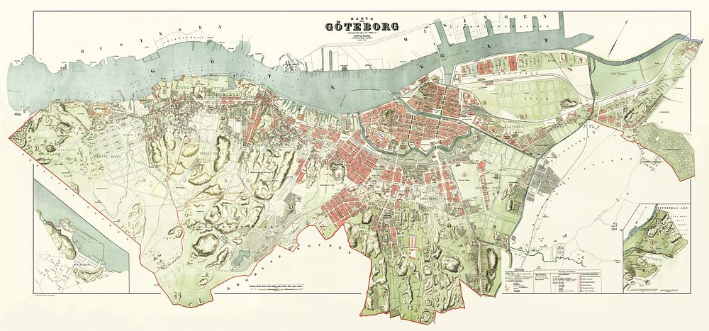 Map of Gothenburg, Sweden, published by N. P. Pehrsson in 1888. Indicates street numbers, property numbers and boundaries…