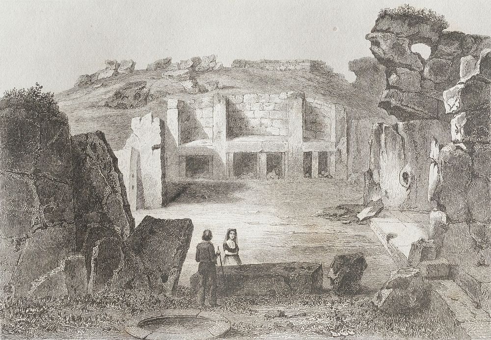 A view of the Ġgantija megalithic temple in Gozo, Malta, from the series L'Univers pittoresque.