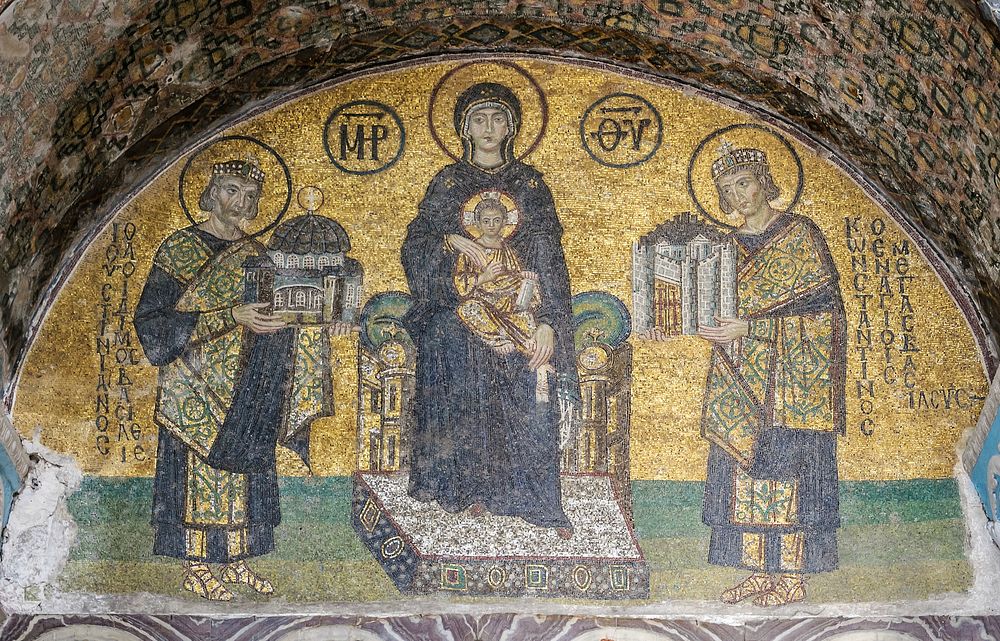 Southwestern entrance mosaic of the former basilica Hagia Sophia of Constantinople (Istanbul, Turkey)The Virgin Mary is…