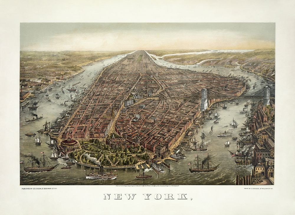 Lithograph. Bird's-eye view of New York with Battery Park in the foreground and the Brooklyn Bridge on the right. Restored…