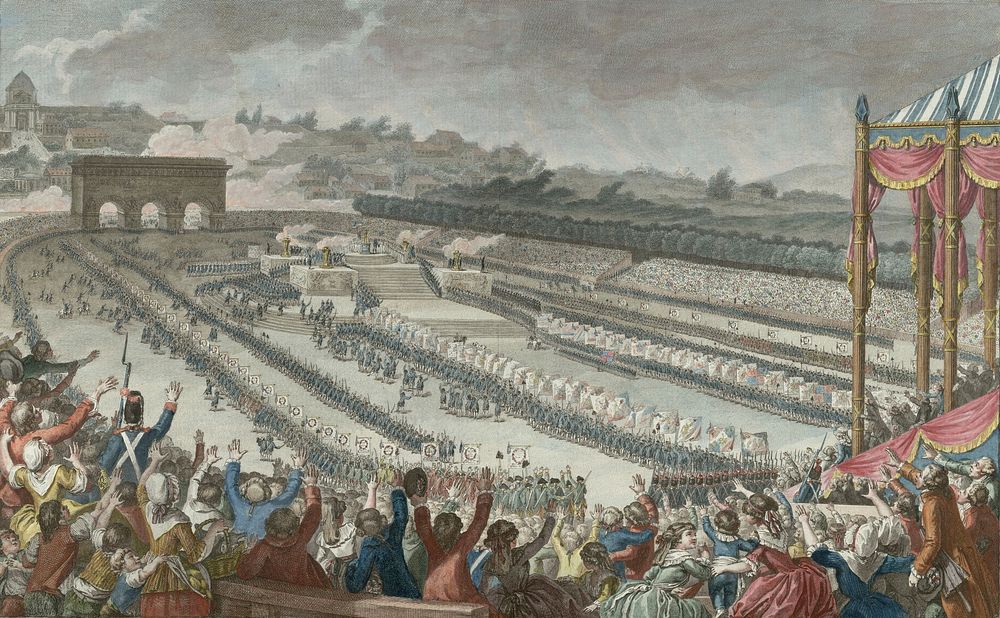 held in the Champ de Mars, in July 14, 1790. Woodcut by Helman, from a picture by C. Monet, Painter of the King.