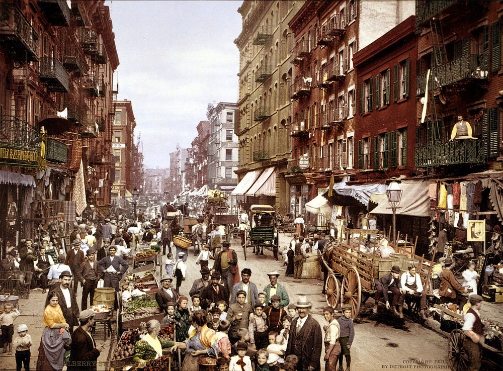 Mulberry Street NYC ca.1900. edit of en:Image:Mulberry Street NYC c1900 LOC 3g04637u.jpg by me user debivort. 1px median…