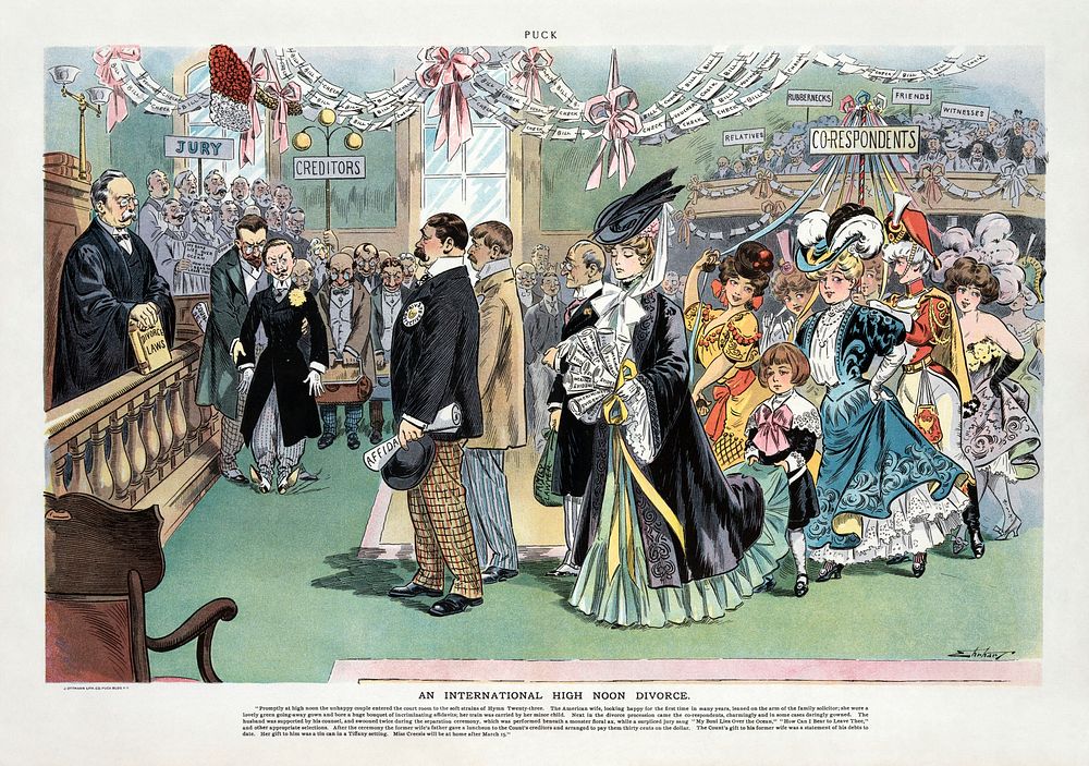 Illustration parodies the circus-like atmosphere of the divorce proceedings of Anna Gould (seen holding a bouquet made out…