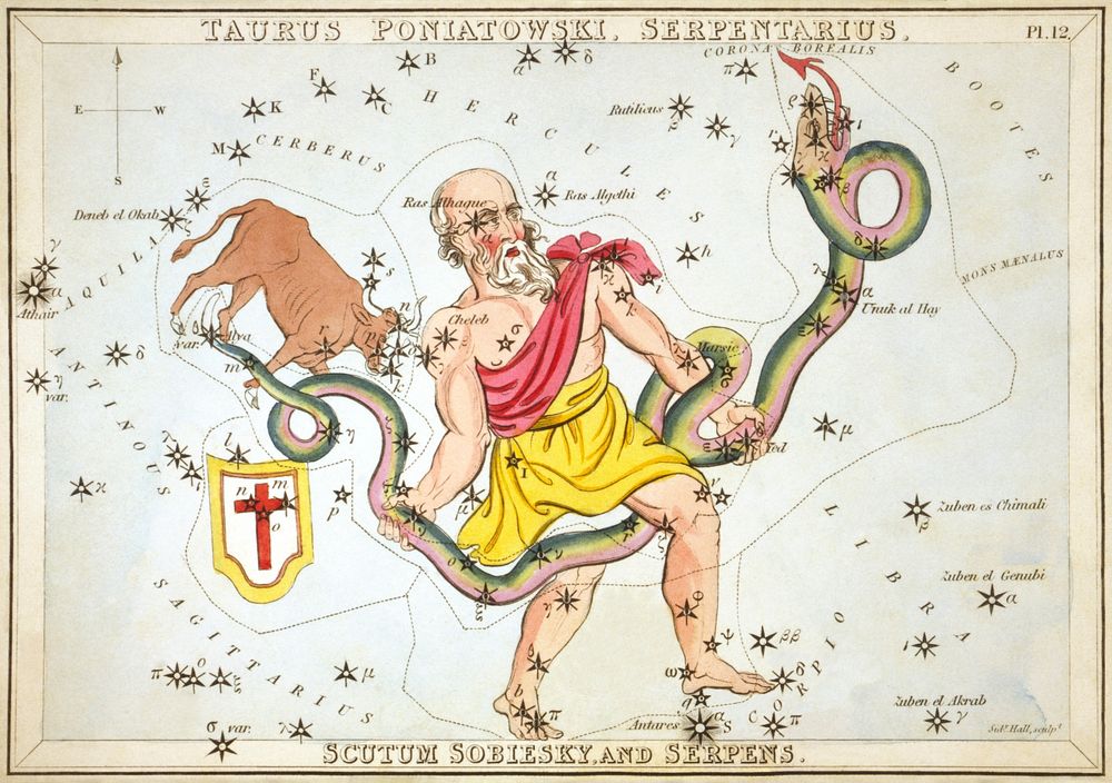 Taurus Poniatowski, Serpentarius, Scutum Sobiesky, and Serpens, plate 12 in Urania's Mirror, a set of celestial cards…