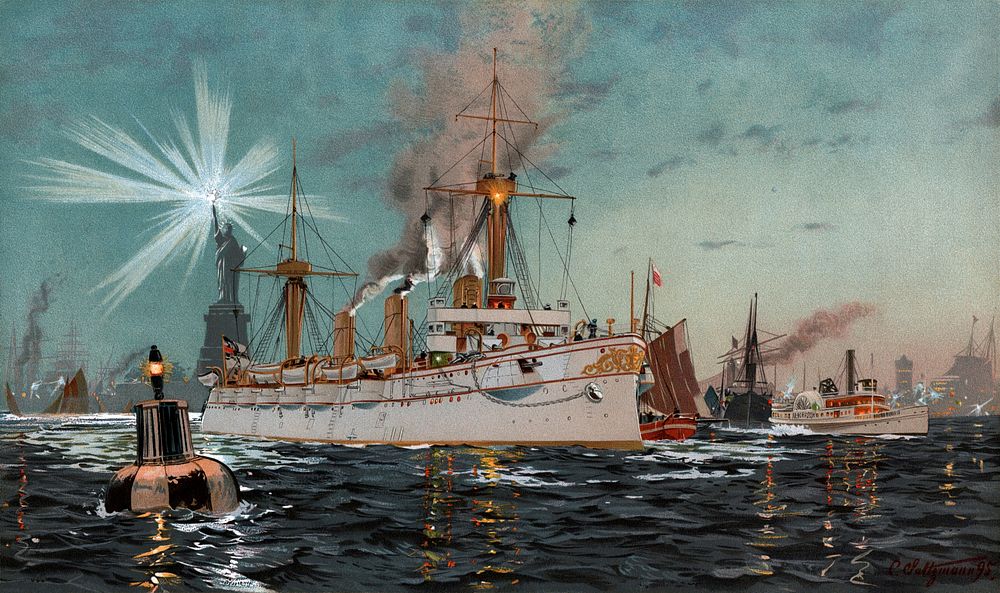 Kaiserin Augusta verlässt Newyork, Chromo-Lithographie von C. Saltzmann 95, nr13 aus G. Wislicenus, Unsre Kriegsflotte.