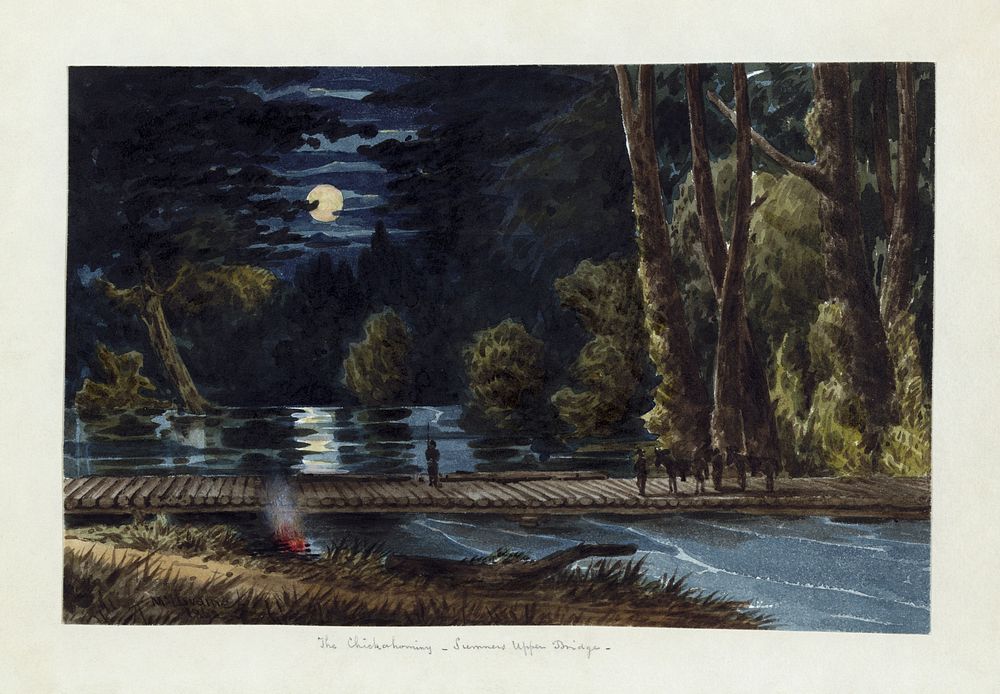 Watercolour showing a bridge created by Edwin Vose Sumner's troops to allow crossing of the Chickahominy River, as part of…