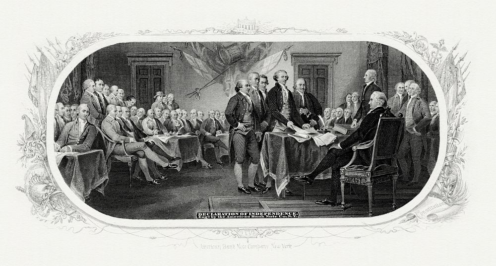 Bureau of Engraving and Printing engraved vignette of John Trumbull’s painting Declaration of Independence (c. 1818).…
