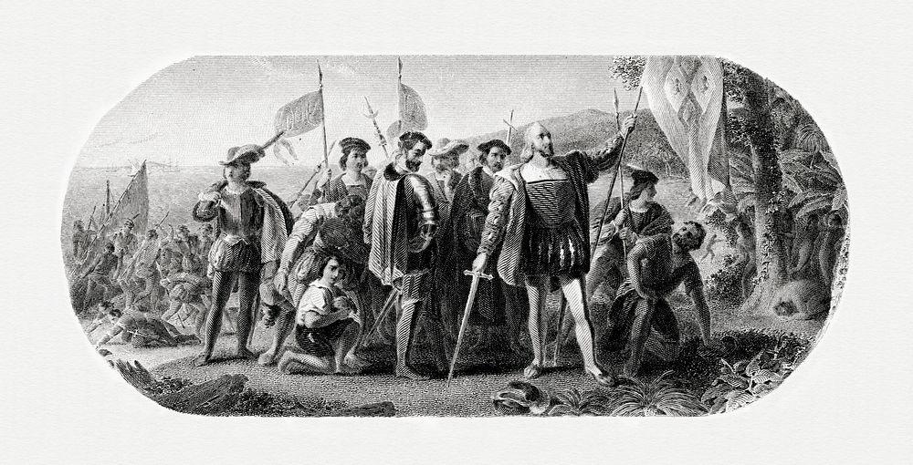 Bureau of Engraving and Printing engraved vignette of John Vanderlyn’s painting Landing of Columbus. Multiple versions of…