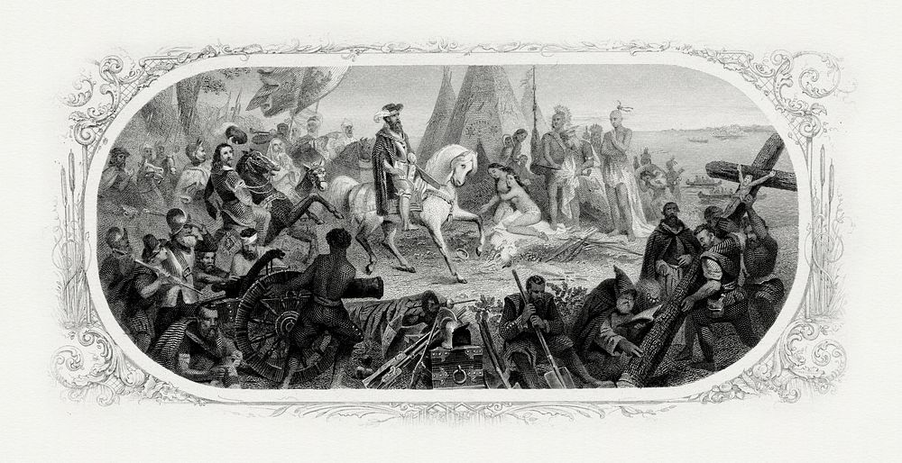 Bureau of Engraving and Printing engraved vignette of William H. Powell’s painting Discovery of the Mississippi. Engraving…