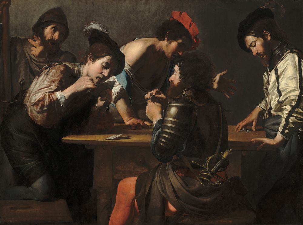 Soldiers Playing Cards and Dice (The Cheats), oil painting by Valentin de Boulogne (ca. 1620). High resolution scan.