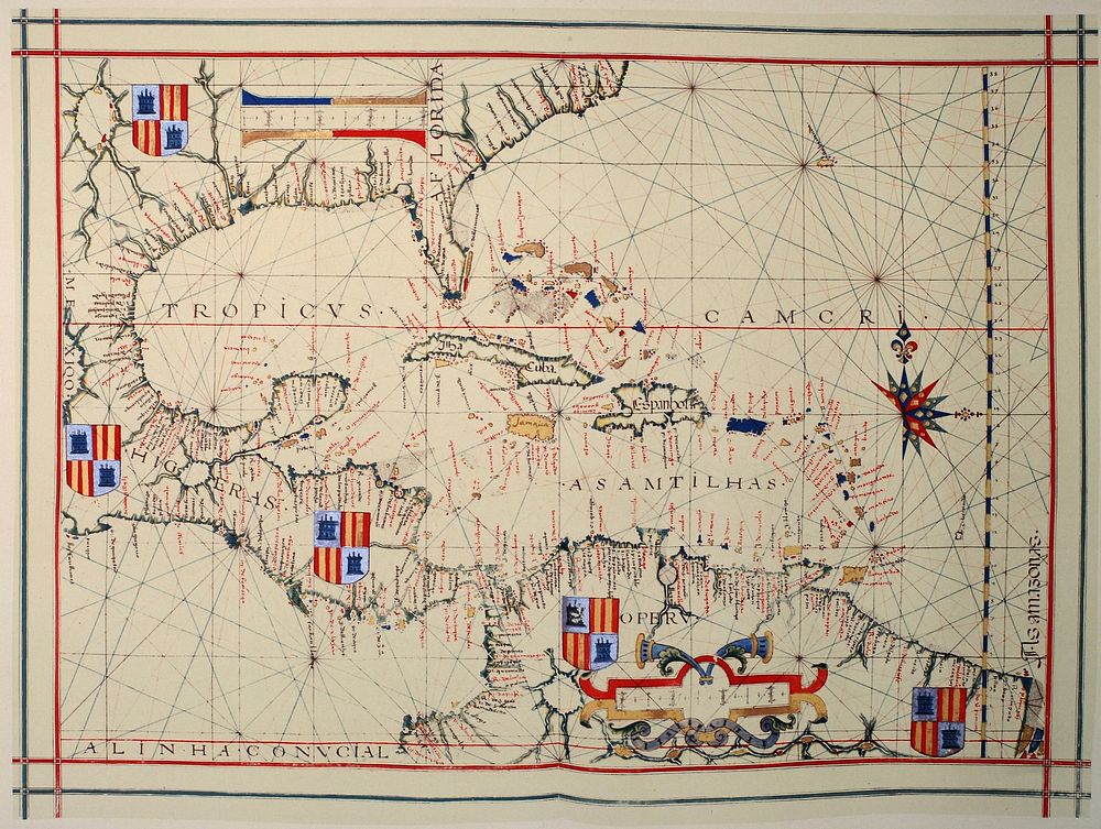 Nautical chart of Portuguese cartographer Fernão Vaz Dourado (c. 1520 - c. 1580), part of a nautical atlas drawn in 1575 and…