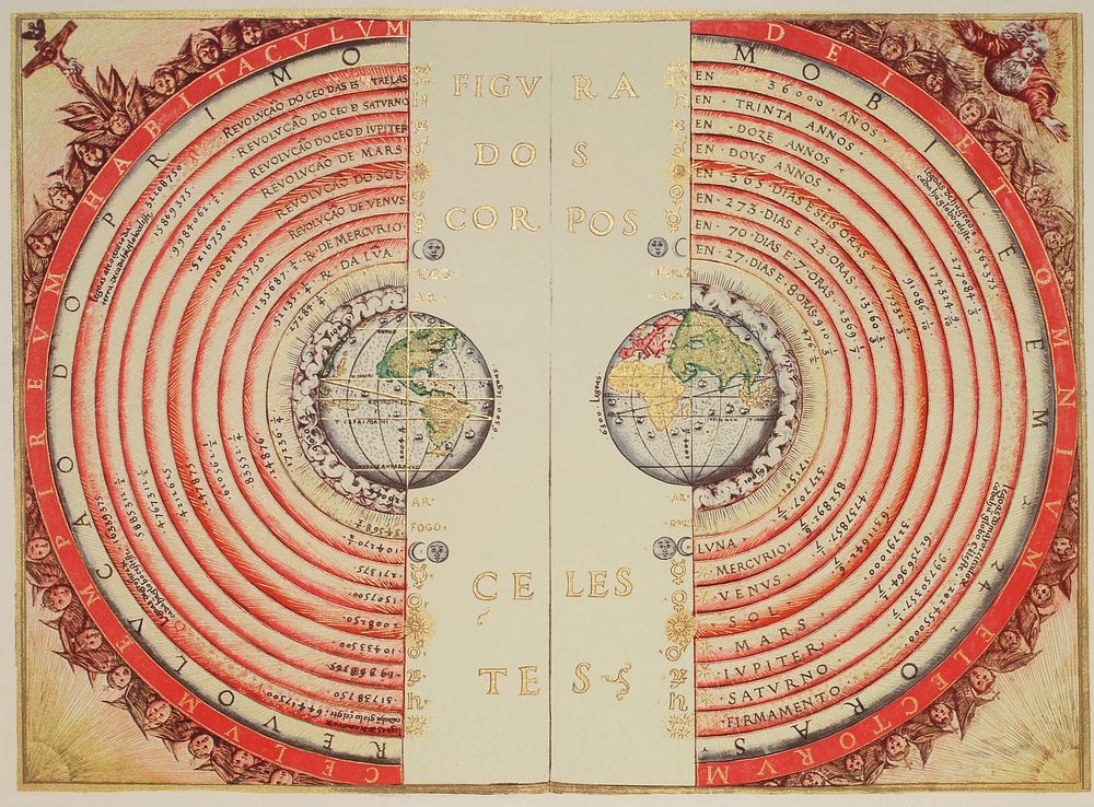 Figure of the heavenly bodies - Illuminated illustration of the Ptolemaic geocentric conception of the Universe by…