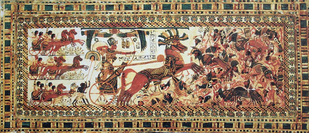 The Pharaon Tutankhamun destroying his enemies. Painting on wood, length: 43 cm. Egyptian Museum of Cairo.