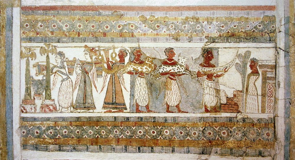Sarcophagus from Aghia Triada, north side, Crete, Greece. Painted plaster on limestone. Length: 1.37 m.