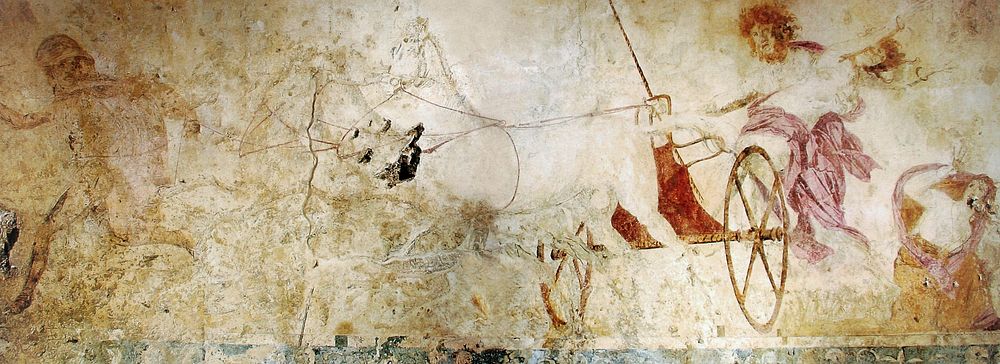 Hades abducting Persephone, fresco in the small royal tomb at Vergina, Macedonia, Greece.