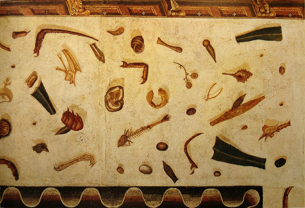 Banquet leftovers, or Unswept Floor, mosaic. Inspired by Sosus of Pergamon, Museum Gregoriano Profano, Vatican. 4.05 x 0.41…